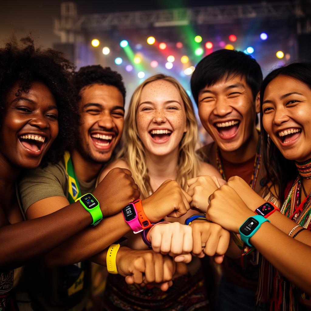 Amigos diversos com pulseiras NFC